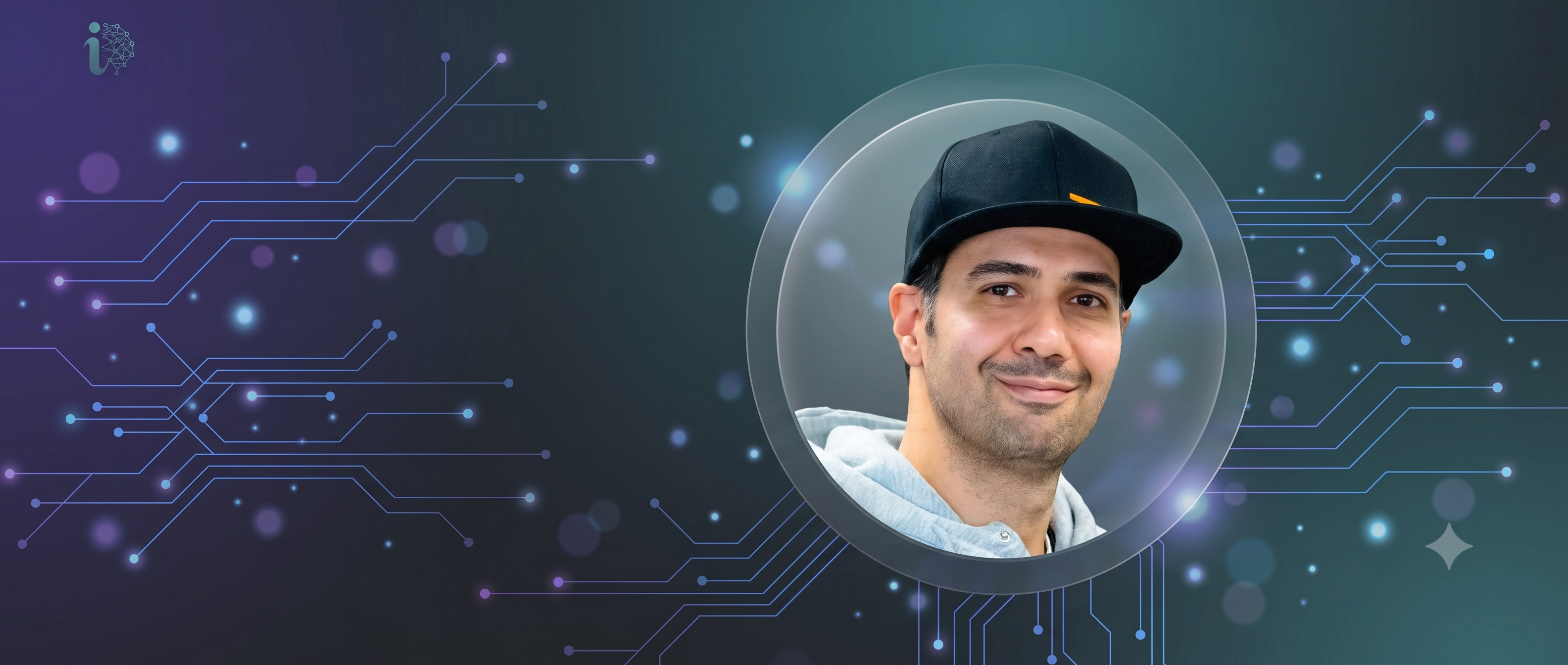 Ehsan Mohajer, full-stack software developer, surrounded by an AI-inspired digital network